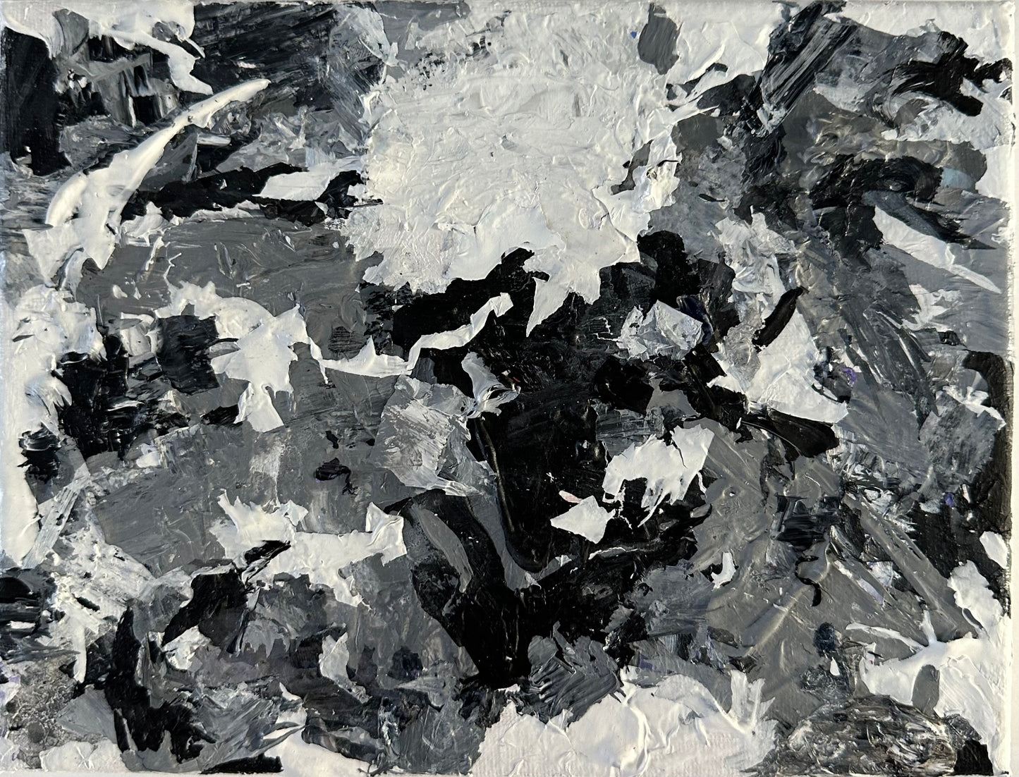 Original mixed media painting titled Milton 10/9/2024 featuring bold black, gray, and white abstract forms with sharp lines on 7x9 canvas by Barbara Disckind