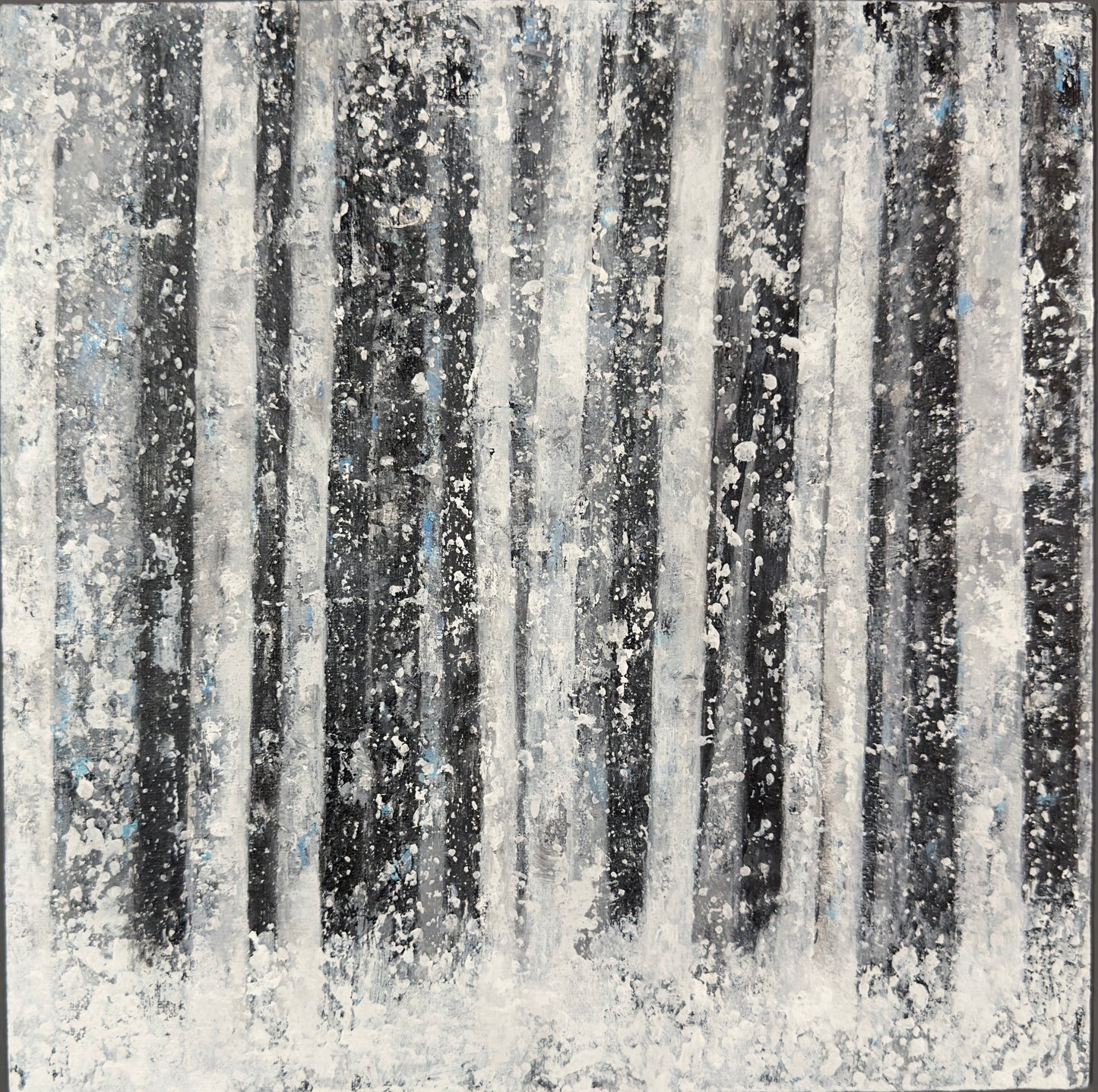 Original acrylic painting titled Quiet featuring minimalist winter landscape with bare trees in white, gray, and black on 12x12 canvas by Barbara Disckind