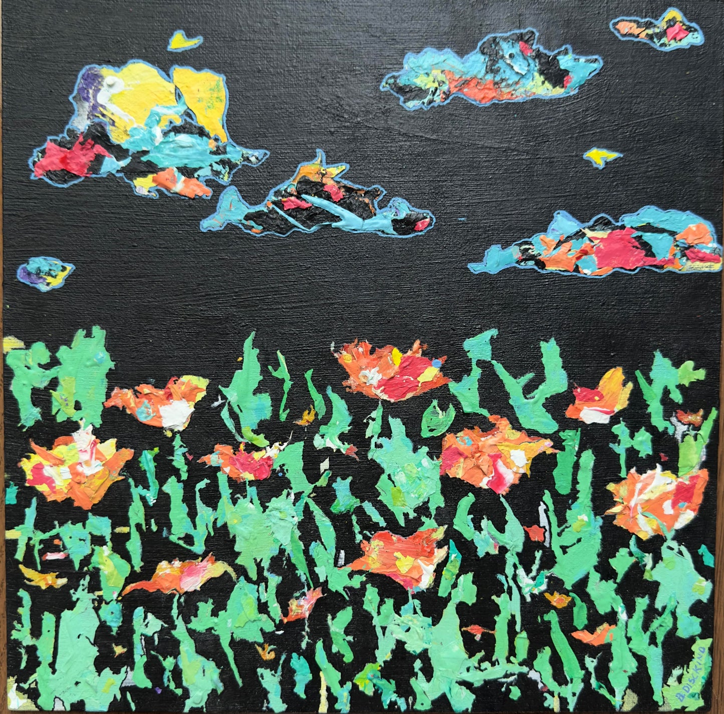 Original mixed media painting titled Here Comes the Sun featuring fiery tulips and vibrant colors against black sky on 12x12 canvas by Barbara Disckind