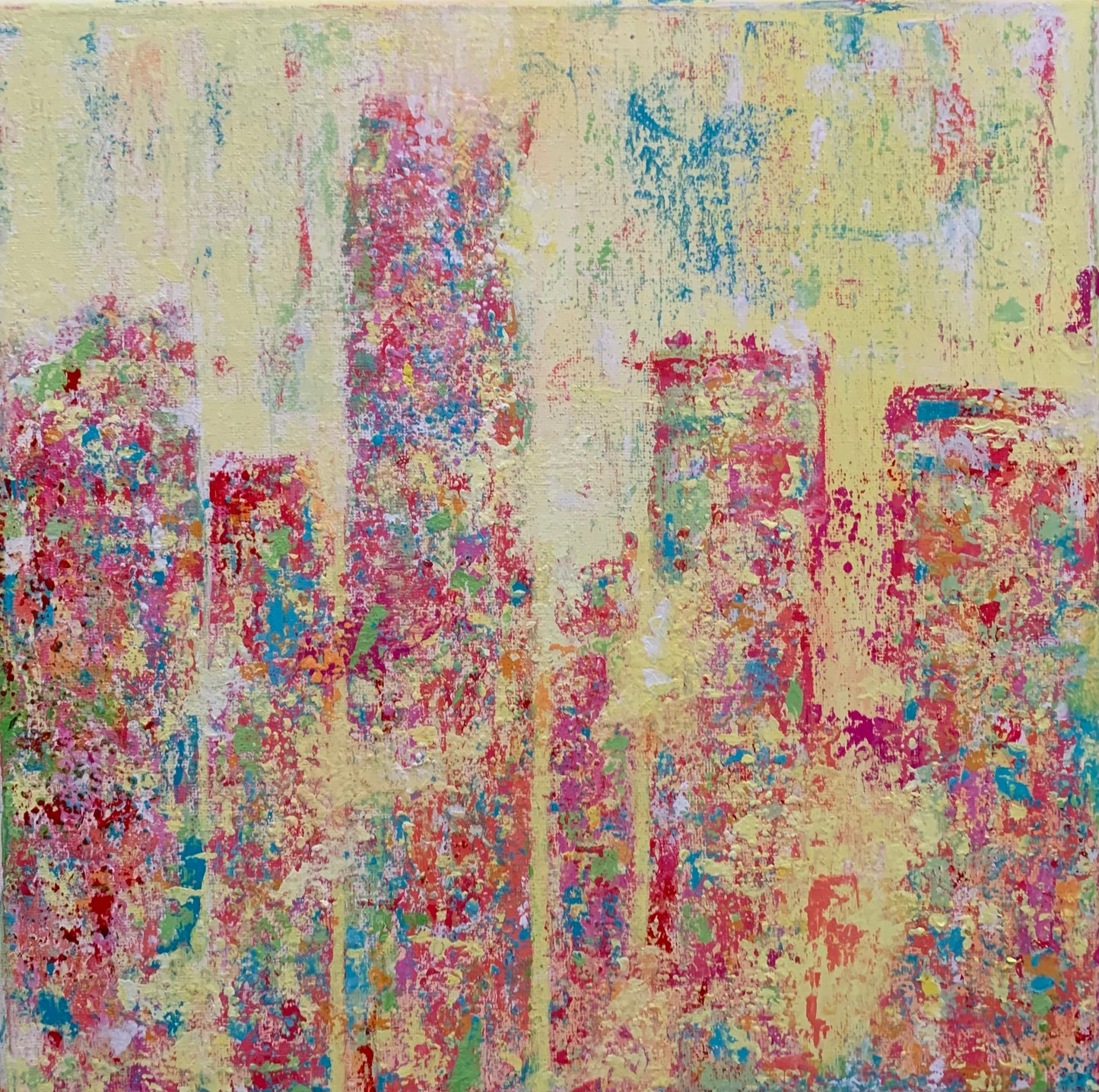 AFTERNOON original abstract acrylic painting with bright yellow, orange, green and blue geometric shapes representing urban buildings in sunlight, 12x12 inches by B. Disckind