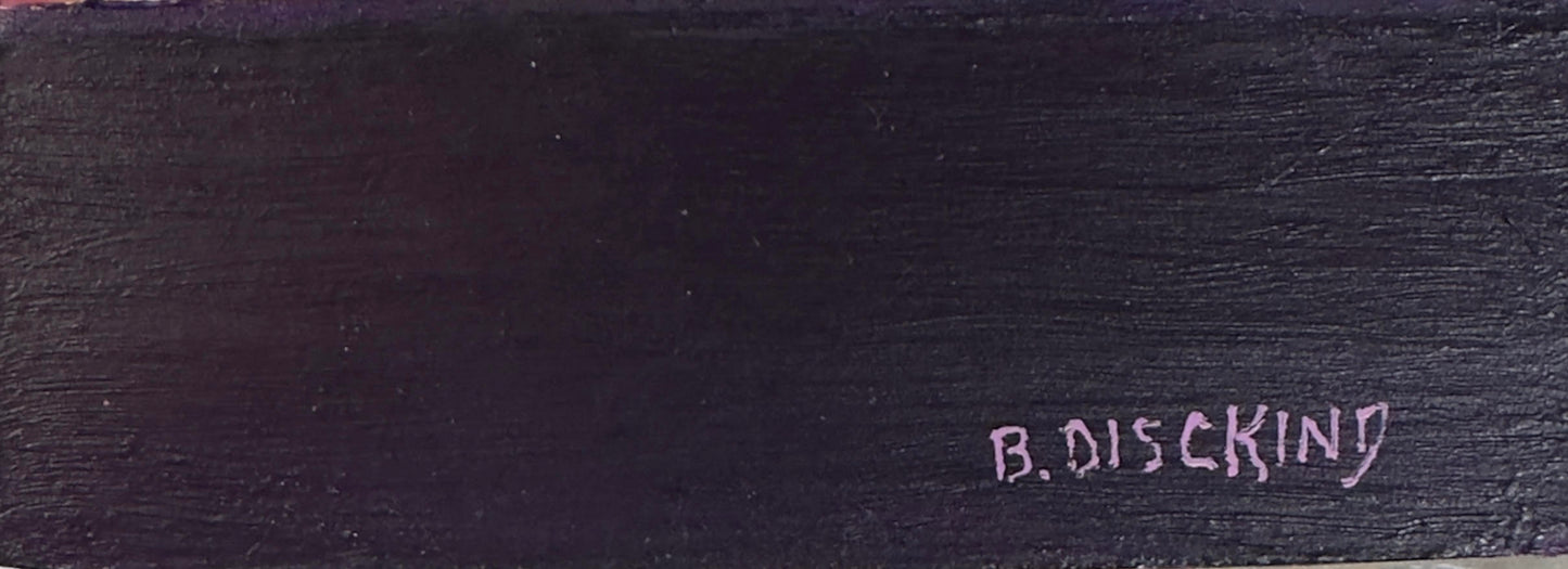 Artist signature B. Disckind on side purple edge of Purple On Yellow painting