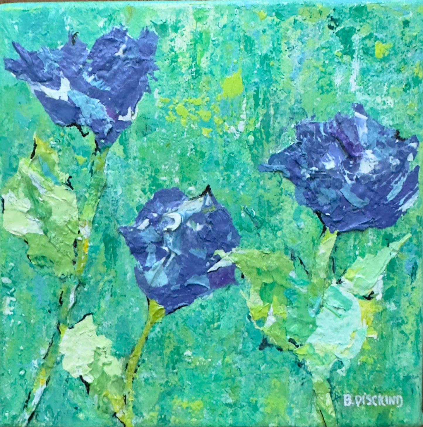 Original mixed media painting of blue and purple tulips in springtime, signed by artist B. Disckind, ready to hang 6x6 inch wall art