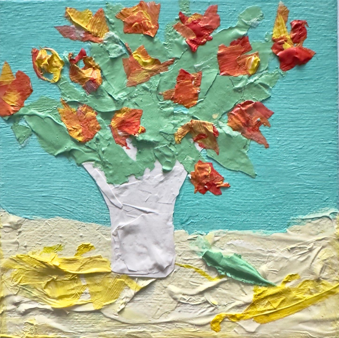 Orange and red tulips in a white vase original mixed media painting by B. Disckind