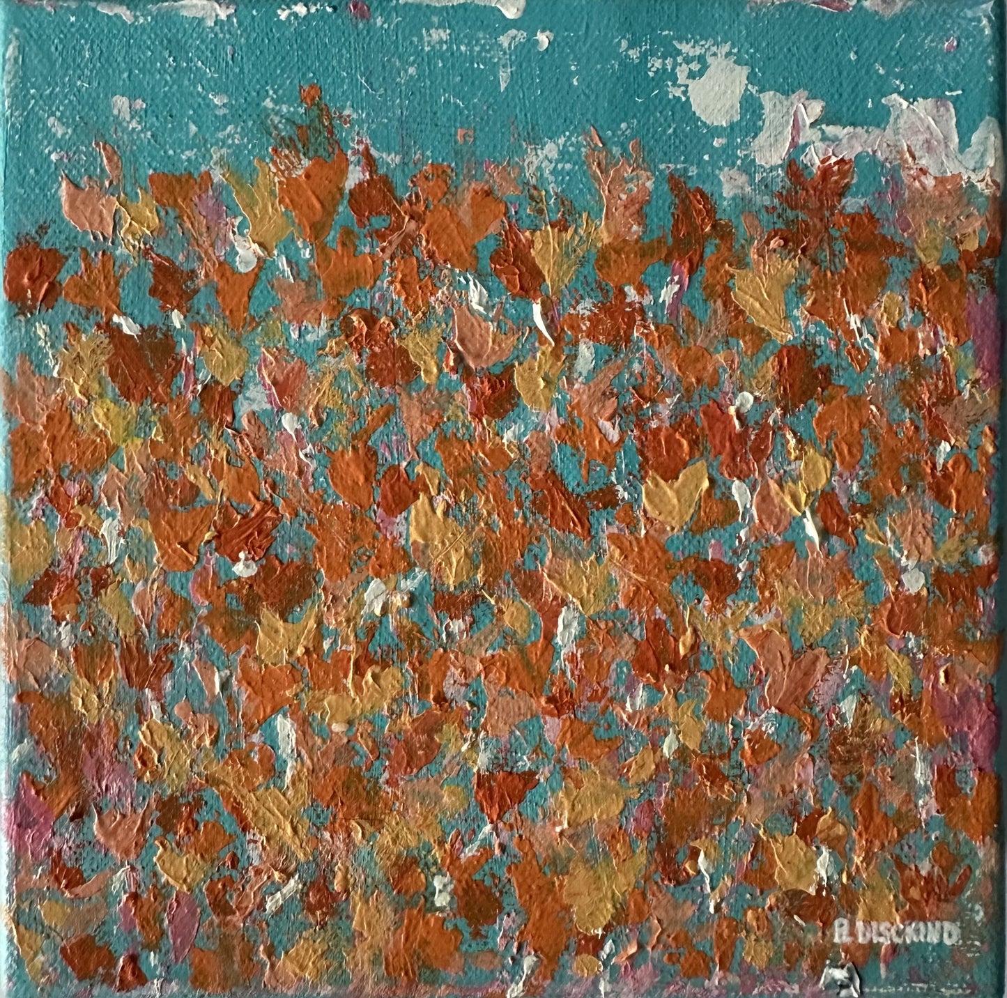 TULIPS, LOOSELY - Original 6x6 acrylic painting of spring tulips in red, orange, yellow on turquoise background by B. Disckind