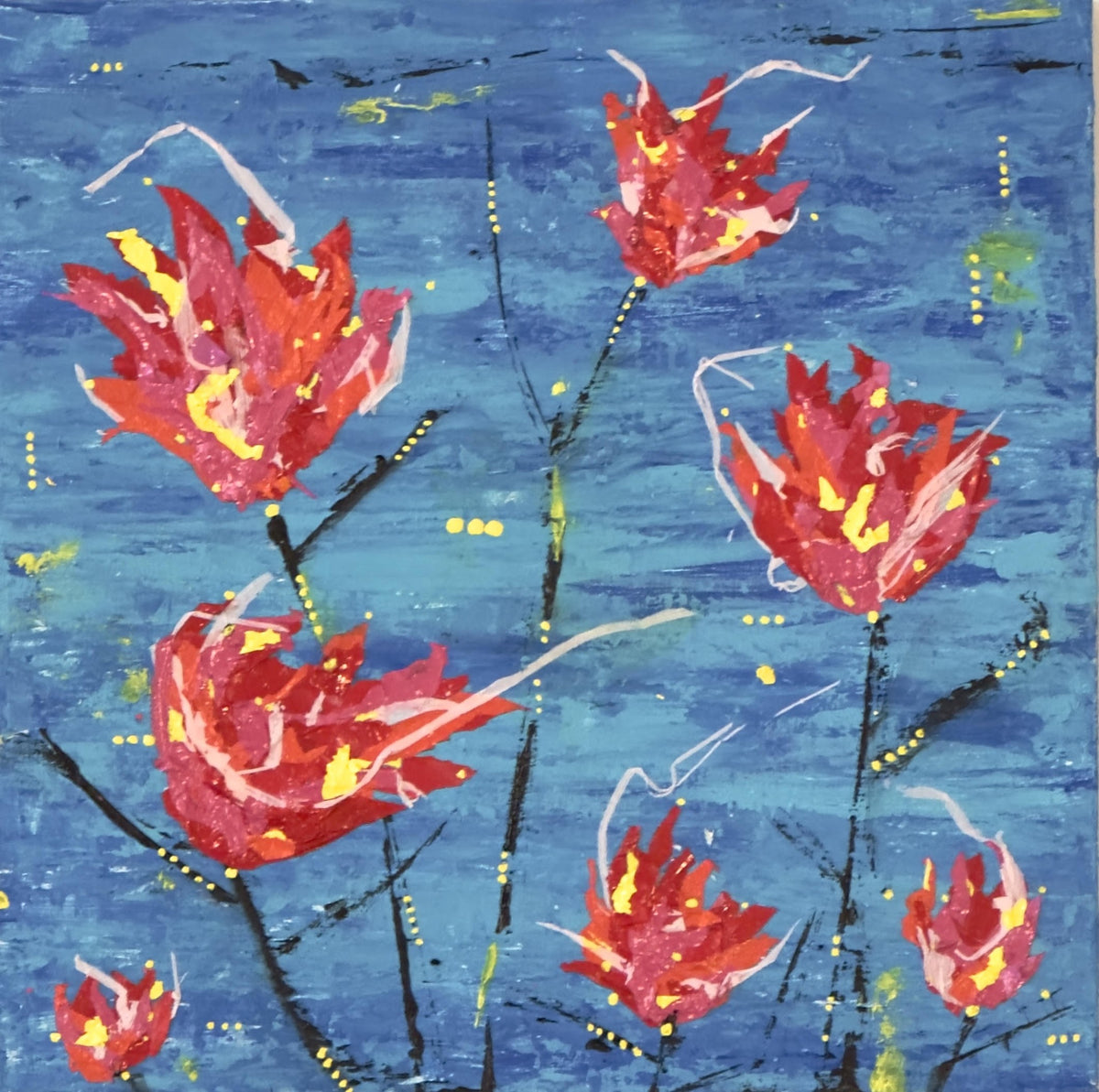 Original mixed media painting titled Dancing in the Breeze featuring vibrant red, pink, and orange tulips on a bright blue background with yellow highlights on 8x8 wood by Barbara Disckind