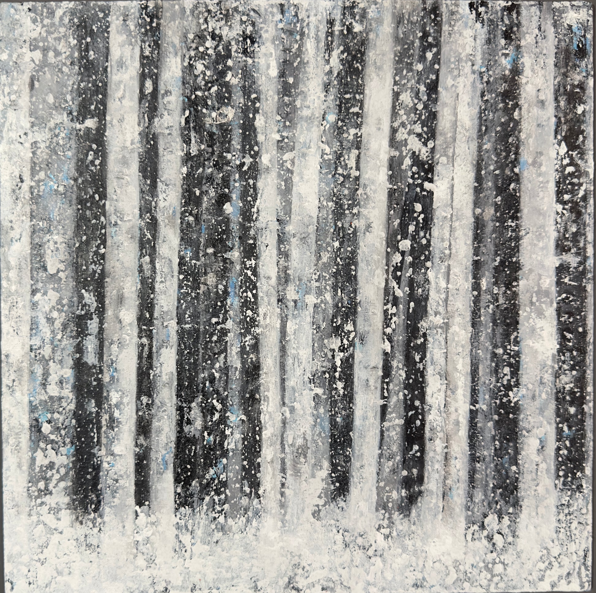 Original acrylic painting titled Quiet featuring minimalist winter landscape with bare trees in white, gray, and black on 12x12 canvas by Barbara Disckind