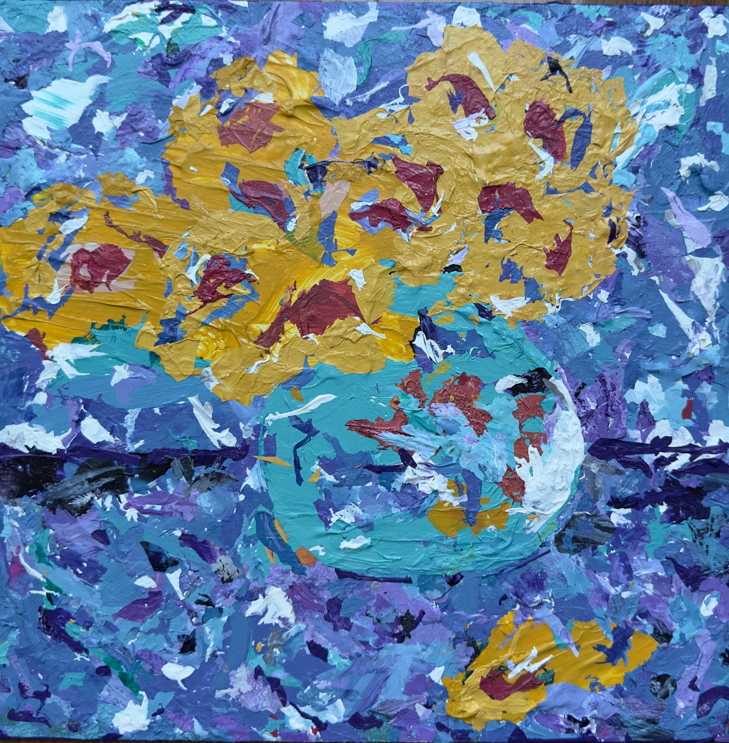 Original mixed media painting titled Fallen Petal featuring vibrant gold flowers in turquoise vase with multicolored background on 12x12 canvas by Barbara Disckind