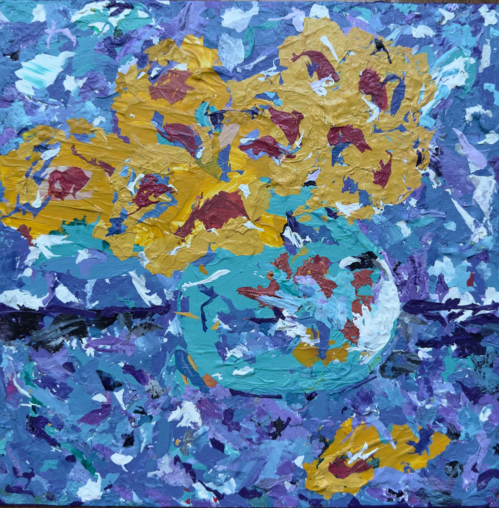 Original mixed media painting titled Fallen Petal featuring vibrant gold flowers in turquoise vase with multicolored background on 12x12 canvas by Barbara Disckind