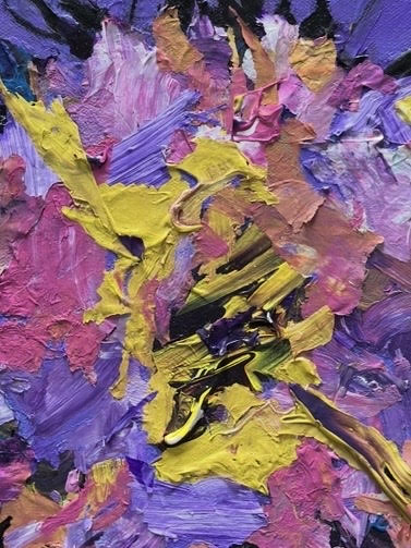 Detail view of FLOWER POP, textured mixed media painting of an oversized flower in vibrant color, by Barbara Disckind