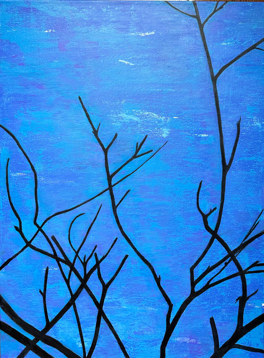 NIGHT BECKONS - Original acrylic painting featuring dramatic black branches silhouetted against luminous blue and purple twilight skies, creating striking contrast and atmospheric depth, 18x24 inches by Barbara Disckind