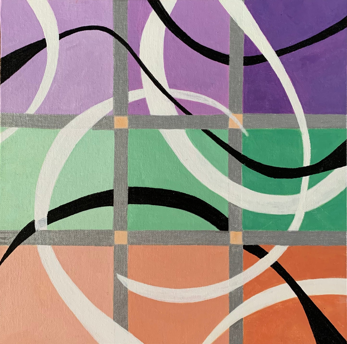 SWOOPS - Original geometric abstract painting with purple, green, and orange squares and black and white swooping lines by Barbara Disckind