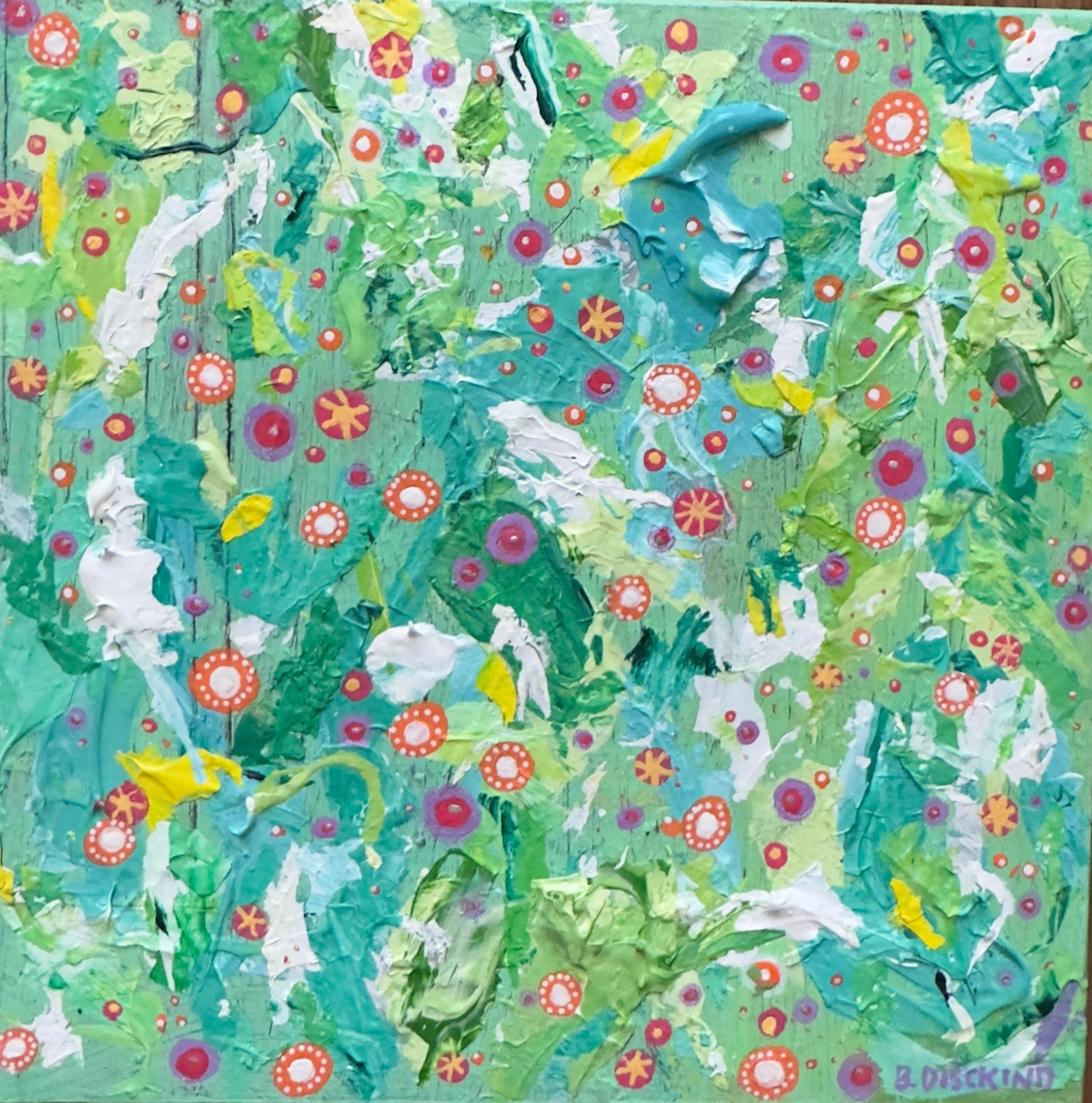 Original mixed media painting titled It's a Garden featuring colorful flowers with waves of turquoise and green on 6x6 wood panel by Barbara Disckind