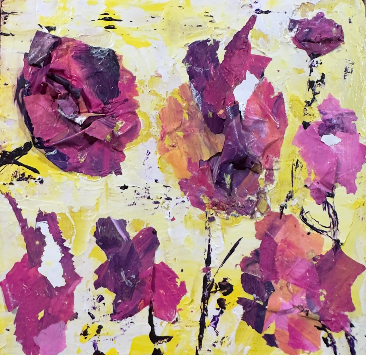 Original mixed media painting titled Morning Bee Buffet featuring vibrant purple  flowers on yellow background on 4x4 wood by Barbara Disckind