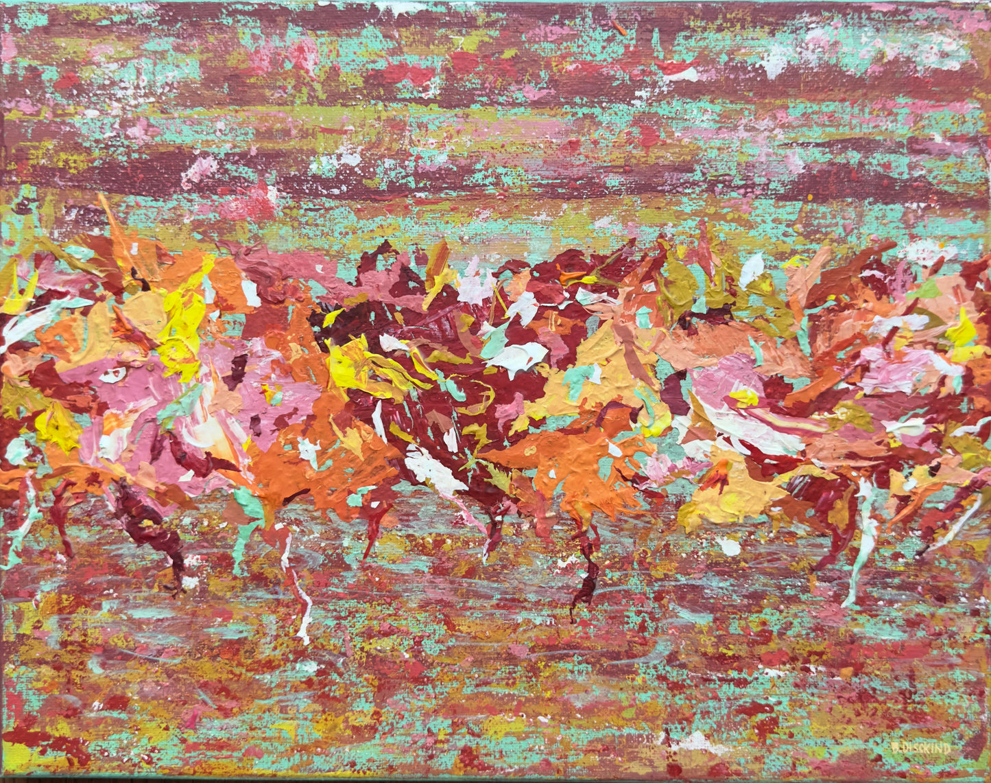 Original mixed media painting titled Movement featuring abstract figures in motion with vibrant maroon, pink, orange, and yellow on light blue background on 11x14 cradled canvas by Barbara Disckind