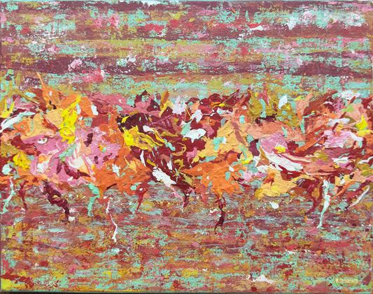Original mixed media painting titled Movement featuring abstract figures in motion with vibrant maroon, pink, orange, and yellow on light blue background on 11x14 cradled canvas by Barbara Disckind