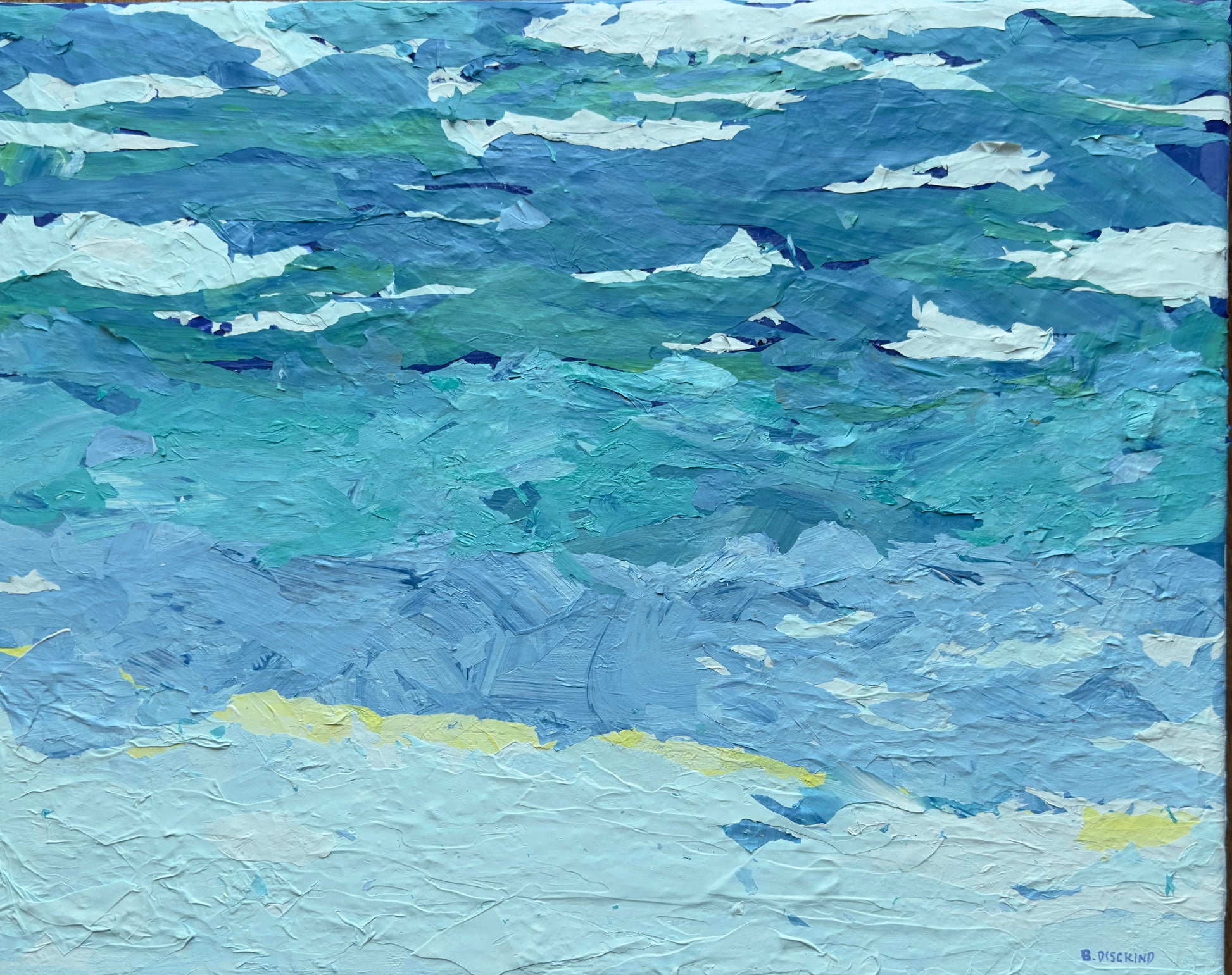 Water Skies, original mixed media painting by B. Disckind — five bands of blue, white, and yellow on gallery-wrapped canvas