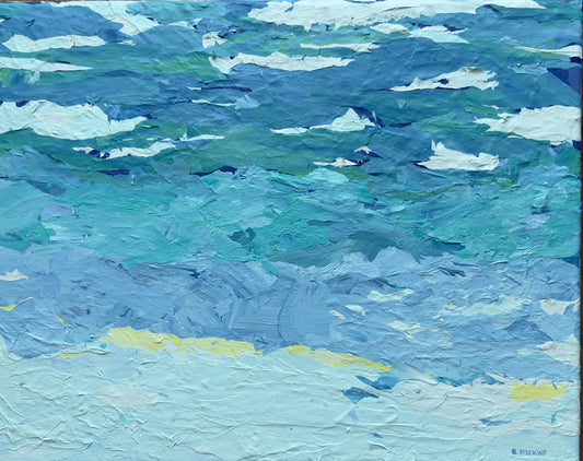 Water Skies, original mixed media painting by B. Disckind — five bands of blue, white, and yellow on gallery-wrapped canvas