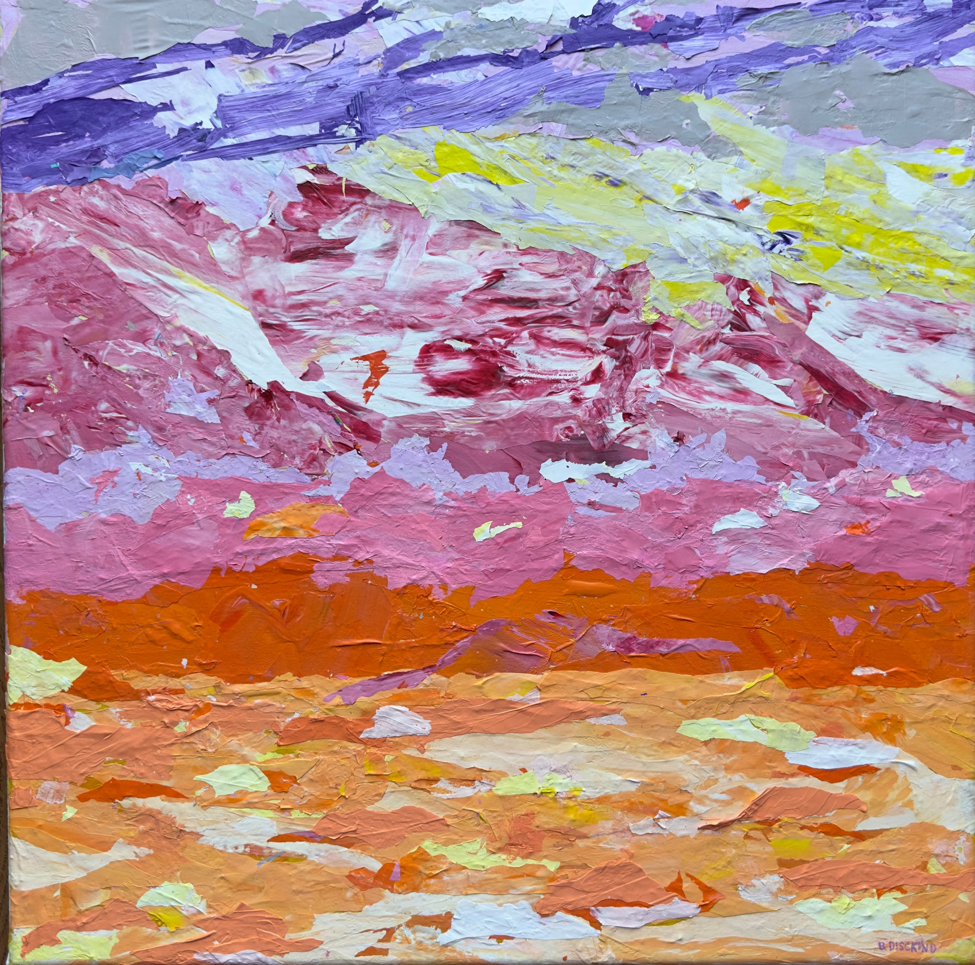 Florida Sky original mixed media painting by B. Disckind — stacked bands of orange, pink, and purple at dusk on gallery-wrapped canvas