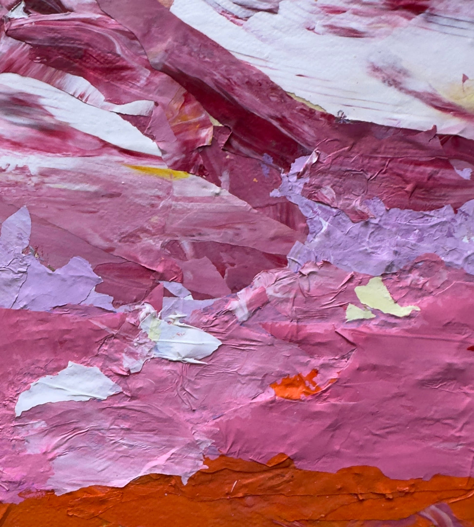 Close-up detail of Florida Sky mixed media painting showing texture and layered pink and purple tones