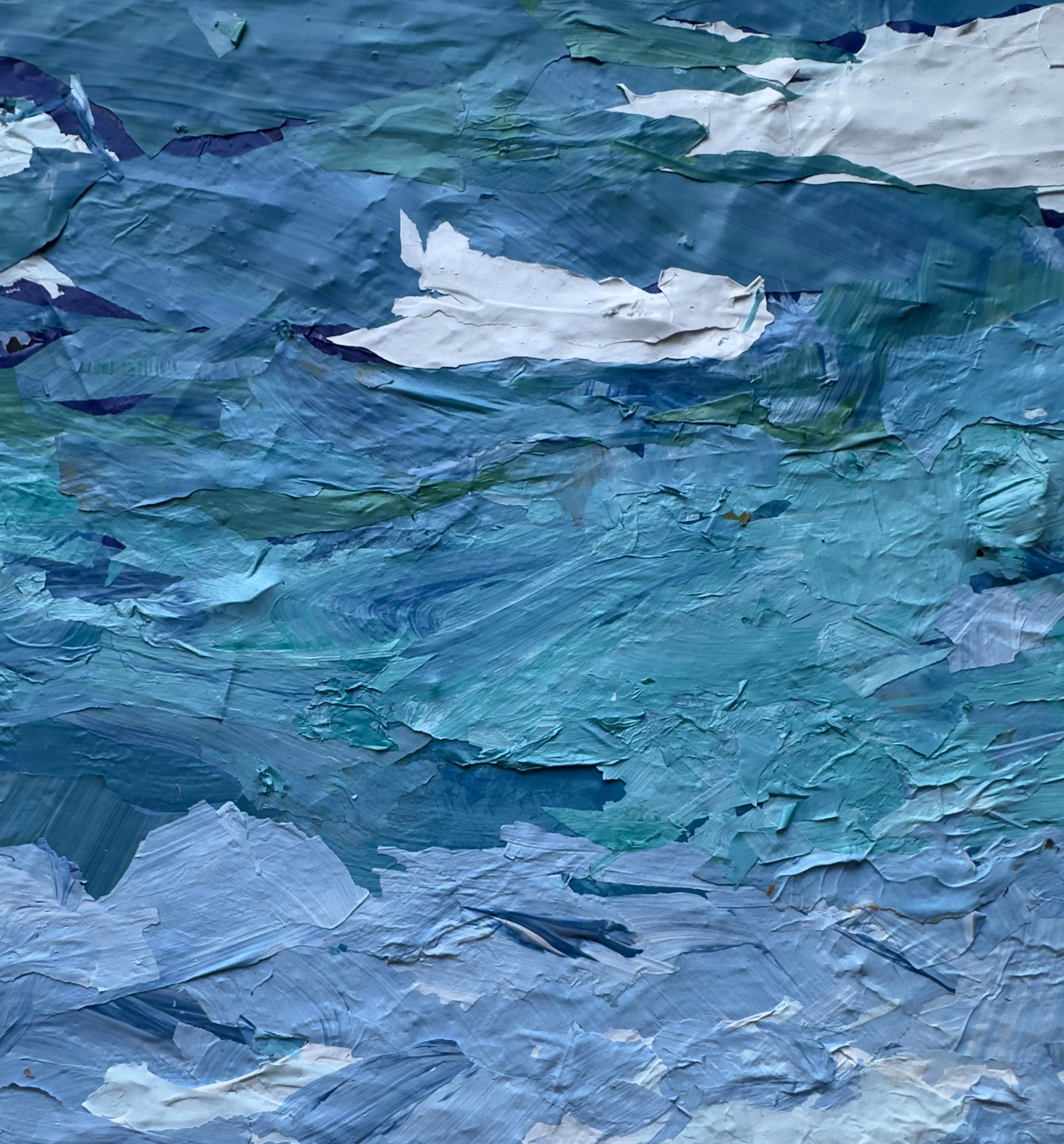 lose-up detail of Water Skies mixed media painting showing texture and layered blue tones