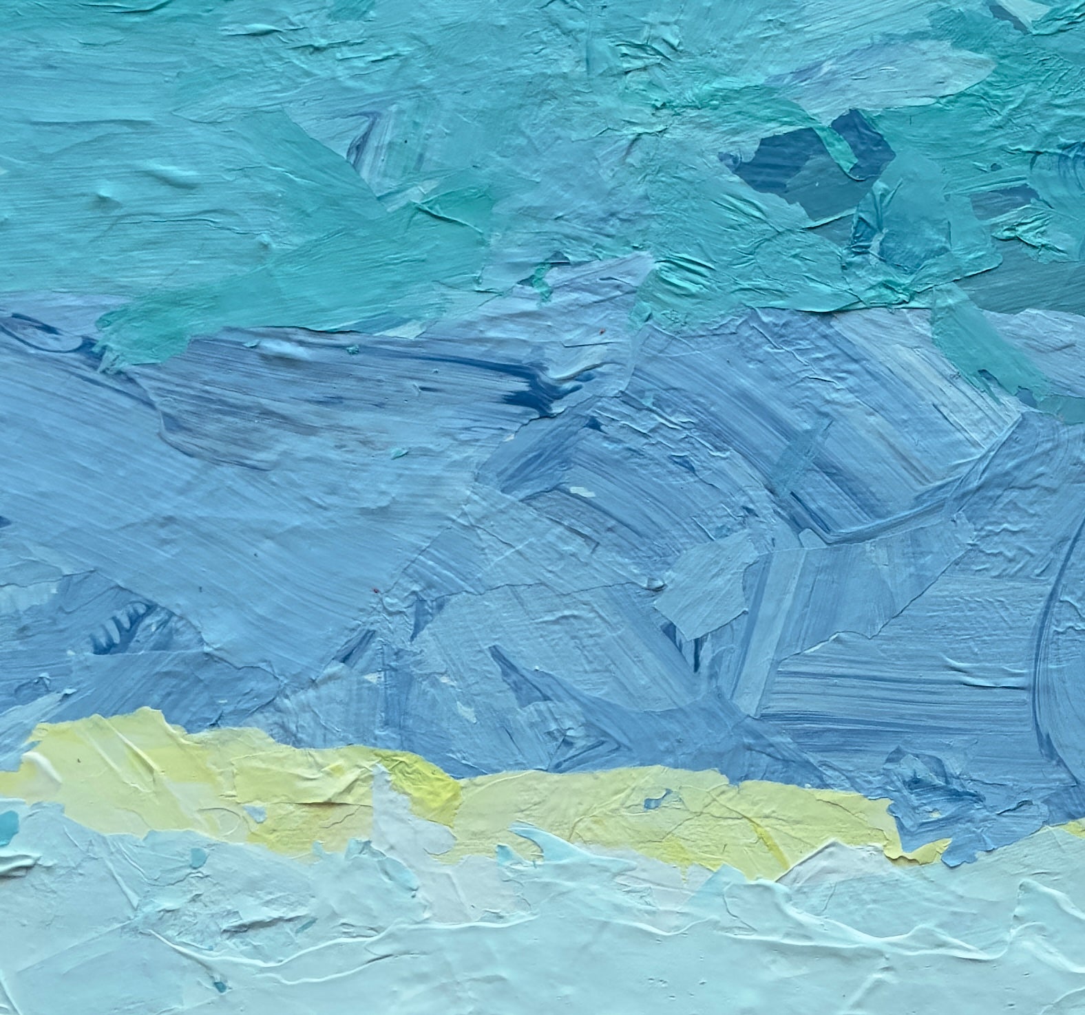 Detail view of Water Skies painting highlighting brushwork and yellow sun peeking through cloud bands
