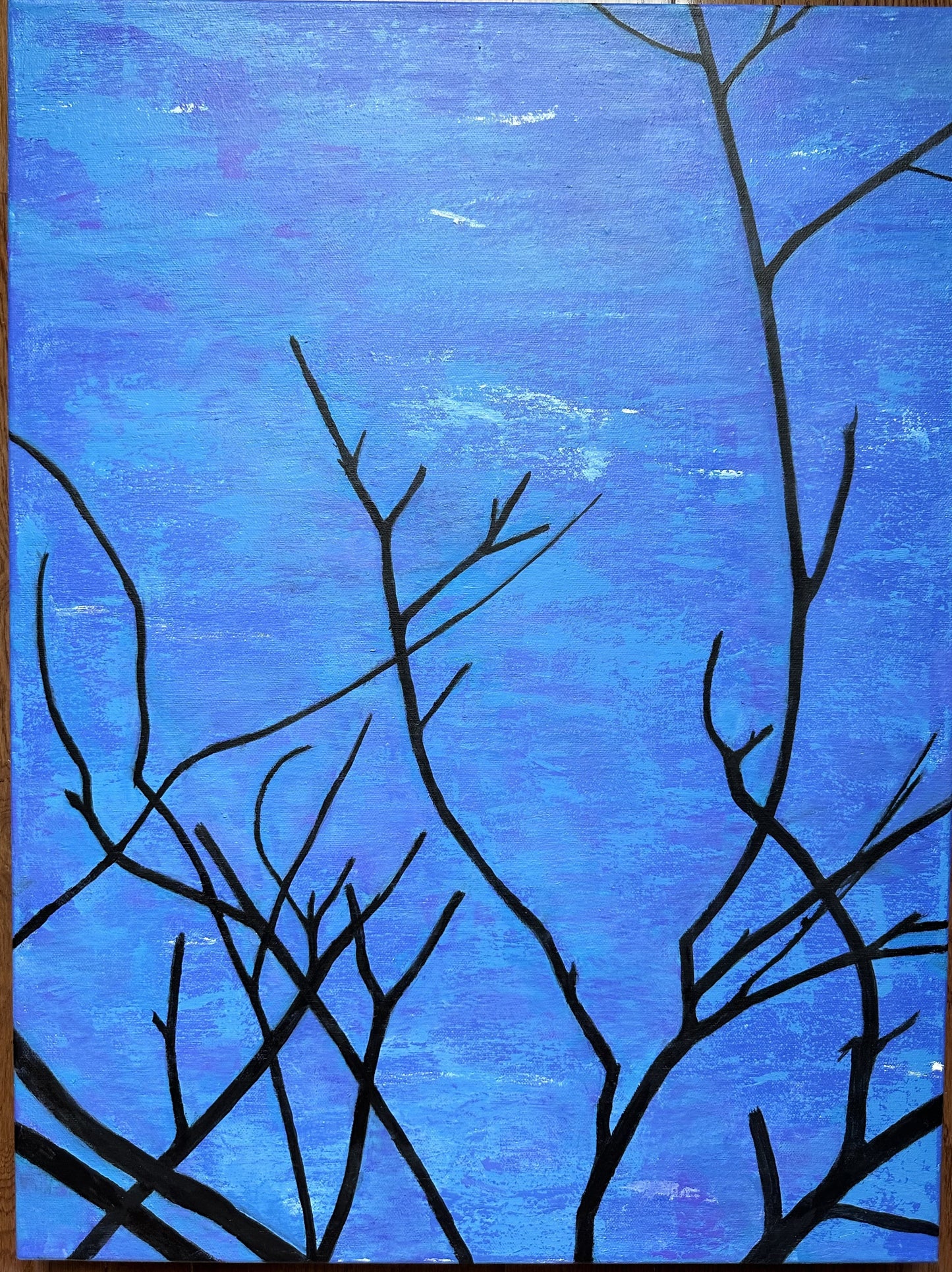Night Beckons abstract postcard of black tree branches against a blue and purple background