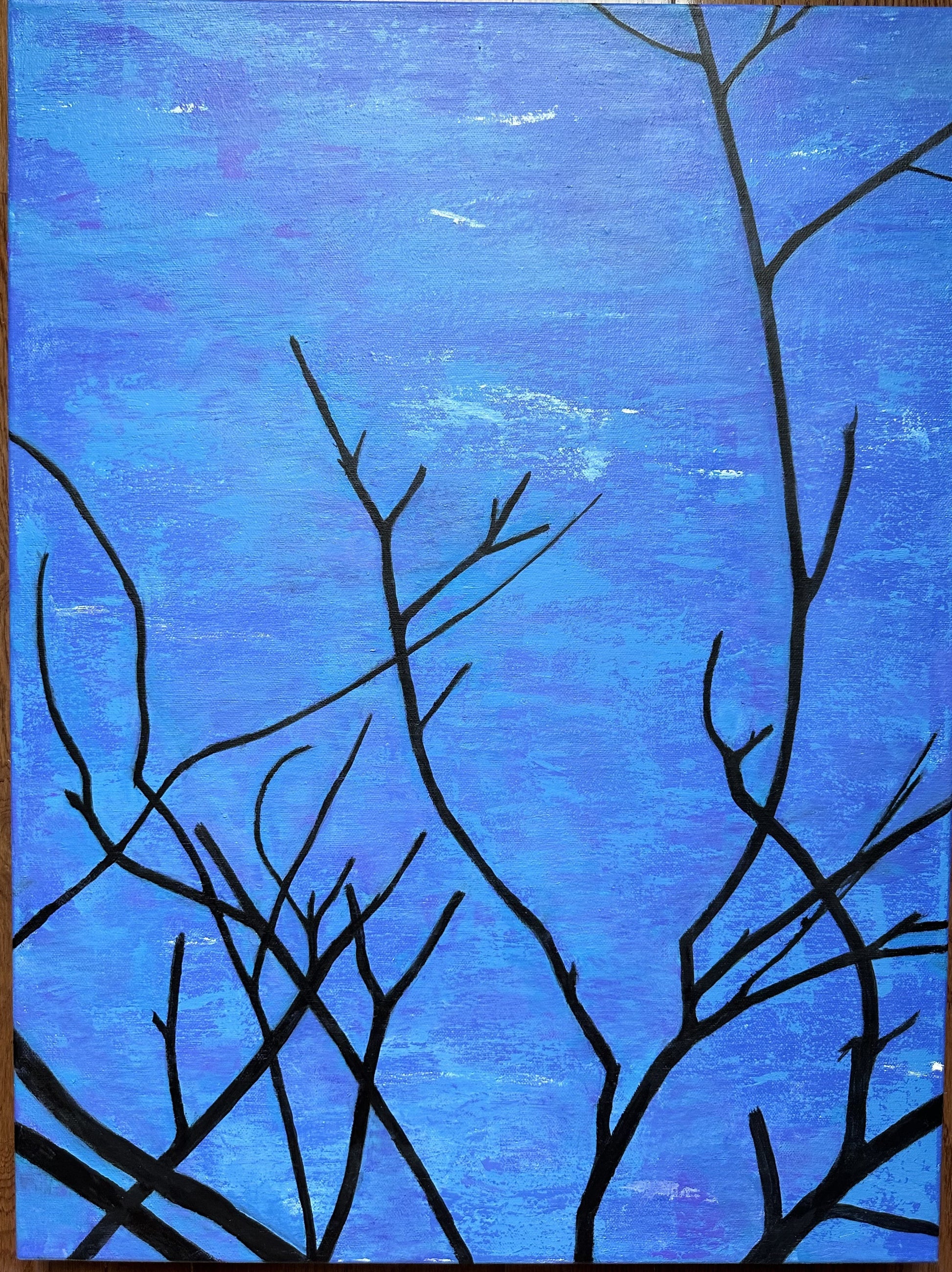 Night Beckons abstract postcard of black tree branches against a blue and purple background