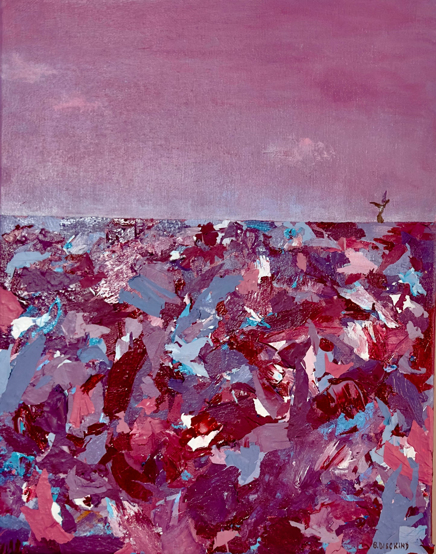 Original mixed media painting titled Not Every Day Is Rosy featuring single tree on horizon with calm sky above churning ground on 11x14 canvas by Barbara Disckind