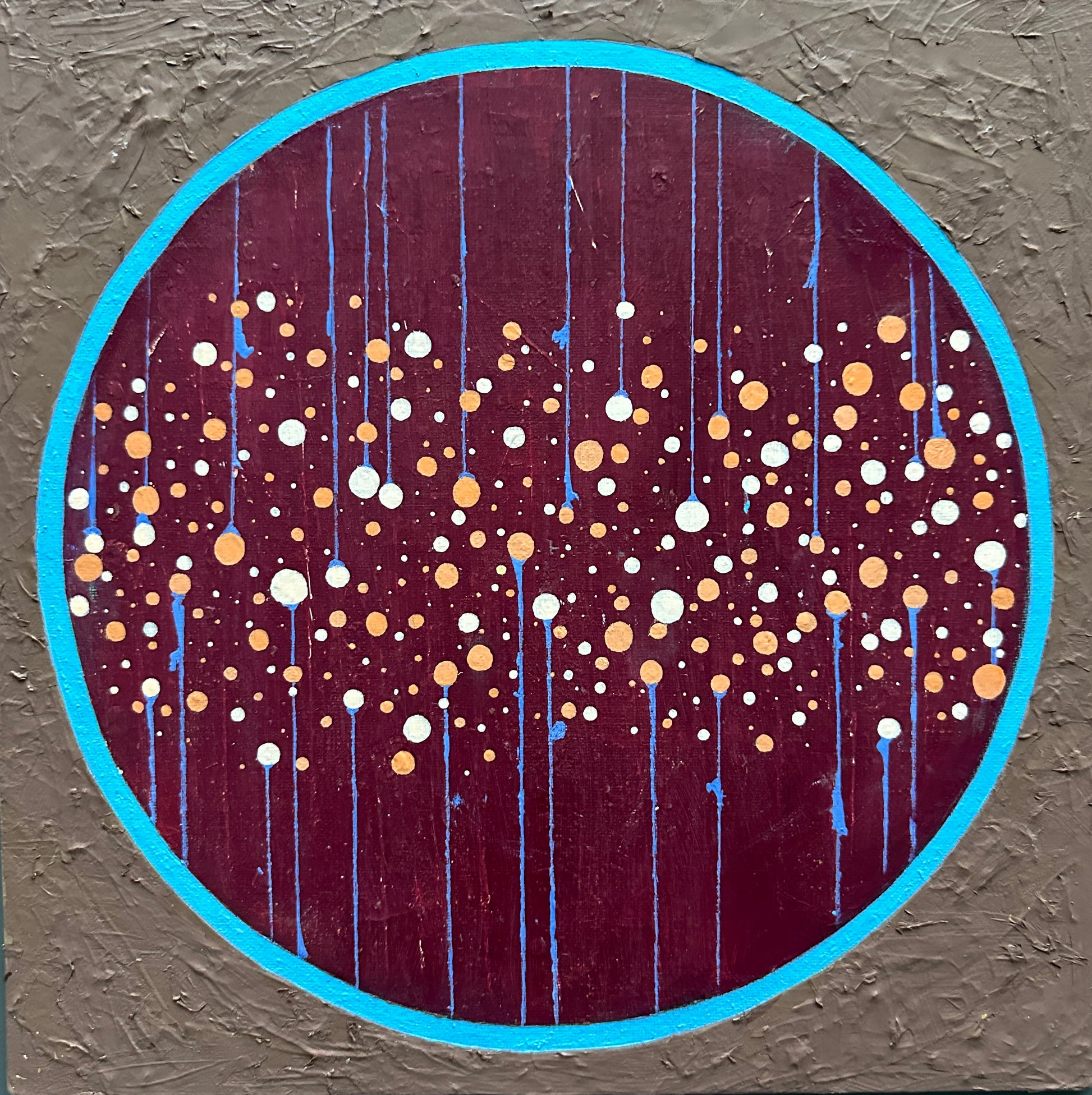 Original mixed media painting titled Through a Looking Glass featuring vibrant geometric mid-century modern design in orange, teal, brown and maroon on 12x12 canvas by Barbara Disckind