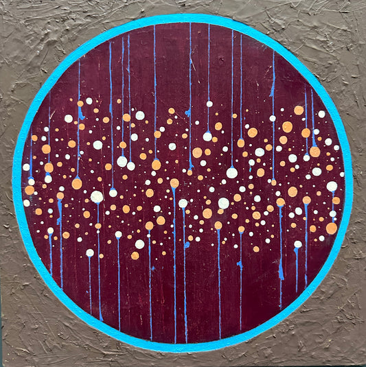 Original mixed media painting titled Through a Looking Glass featuring vibrant geometric mid-century modern design in orange, teal, brown and maroon on 12x12 canvas by Barbara Disckind