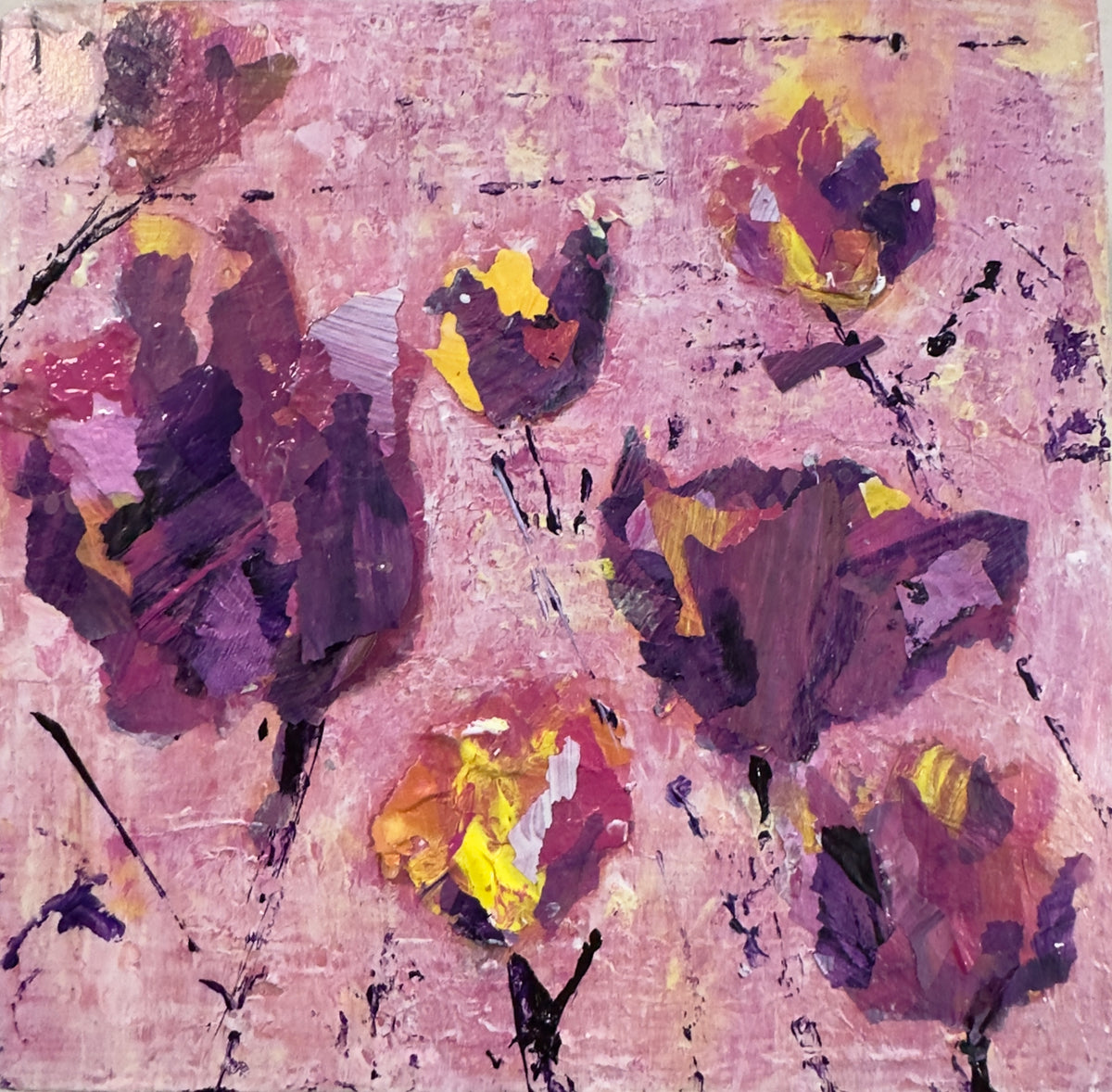 Original mixed media painting titled Raspberry Garden featuring vibrant purple tulips on pink background on 4x4 wood by Barbara Disckind