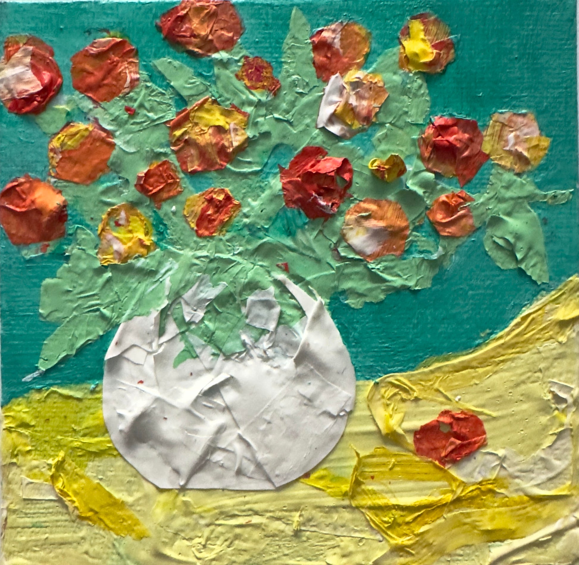 Orange and red roses in a white vase original mixed media painting by B. Disckind 