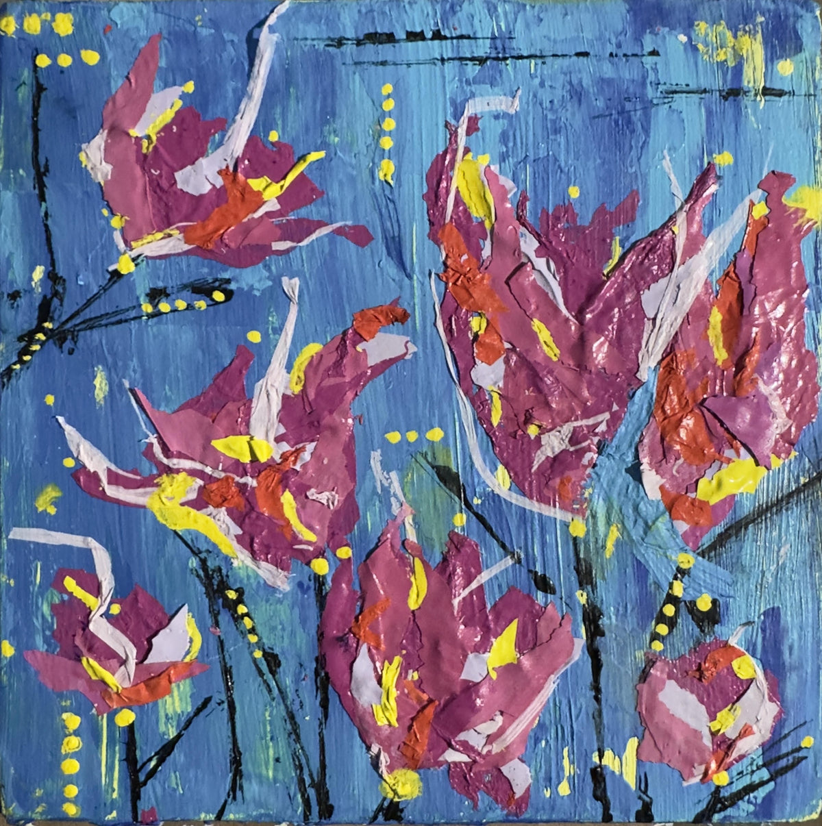 Original mixed media painting titled Simply Blue featuring whimsical tulips in red, pink, and orange on a bright blue background on 4x4 wood by Barbara Disckind