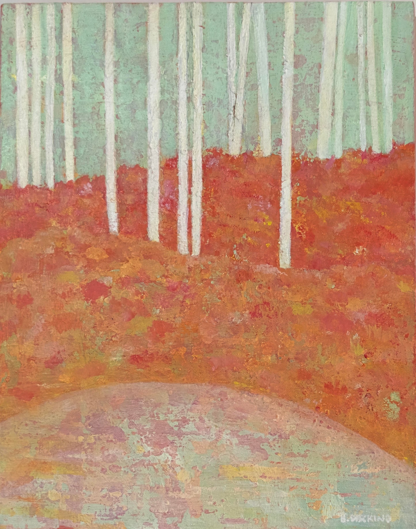 Original acrylic painting titled Autumn Light featuring white trees on rolling hills in red, orange, and yellow with reflecting pool on 8x10 cradled wood panel by Barbara Disckind