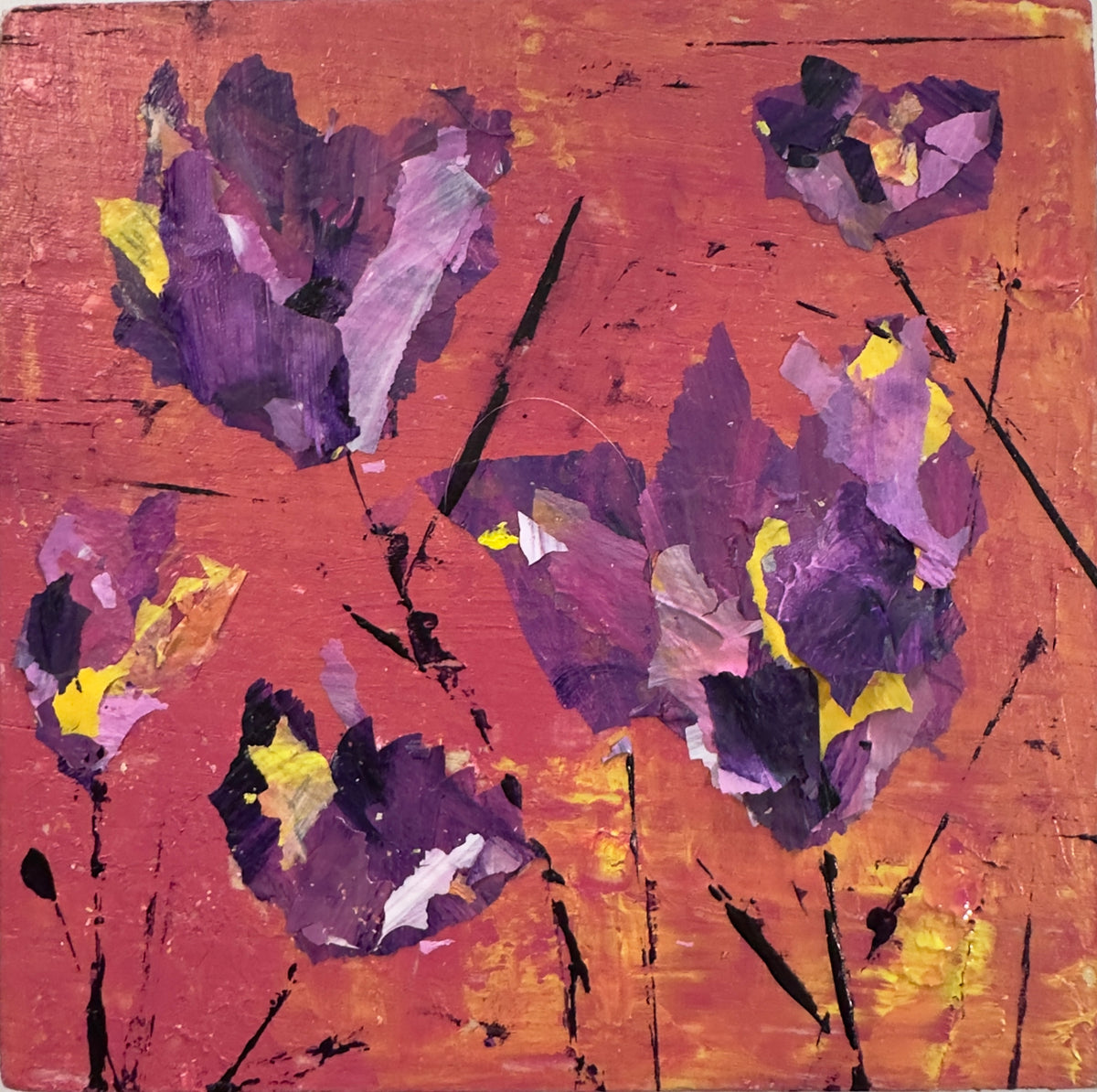 Original mixed media painting titled Tulips Afire featuring vibrant purple tulips on orange background on 4x4 wood by Barbara Disckind