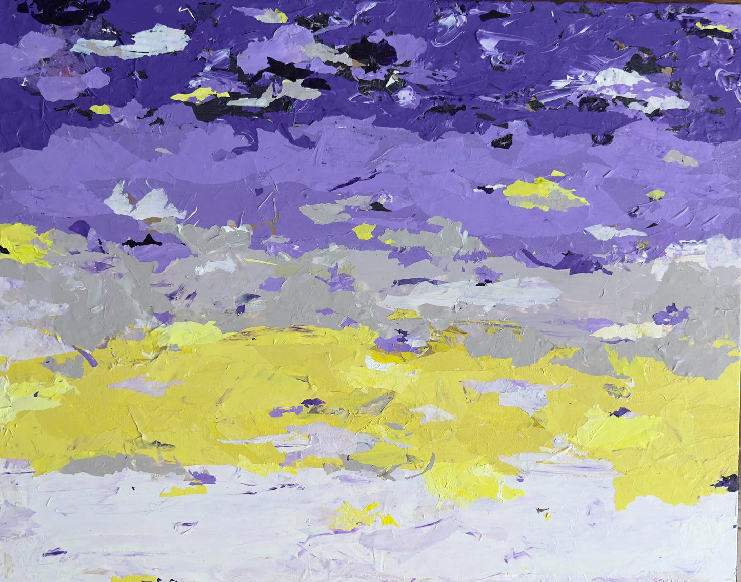  Original mixed media skyscape painting in purples, grays, and yellows by artist B. Disckind. One-of-a-kind wall art, 24x30 inches, signed and ready to hang.
