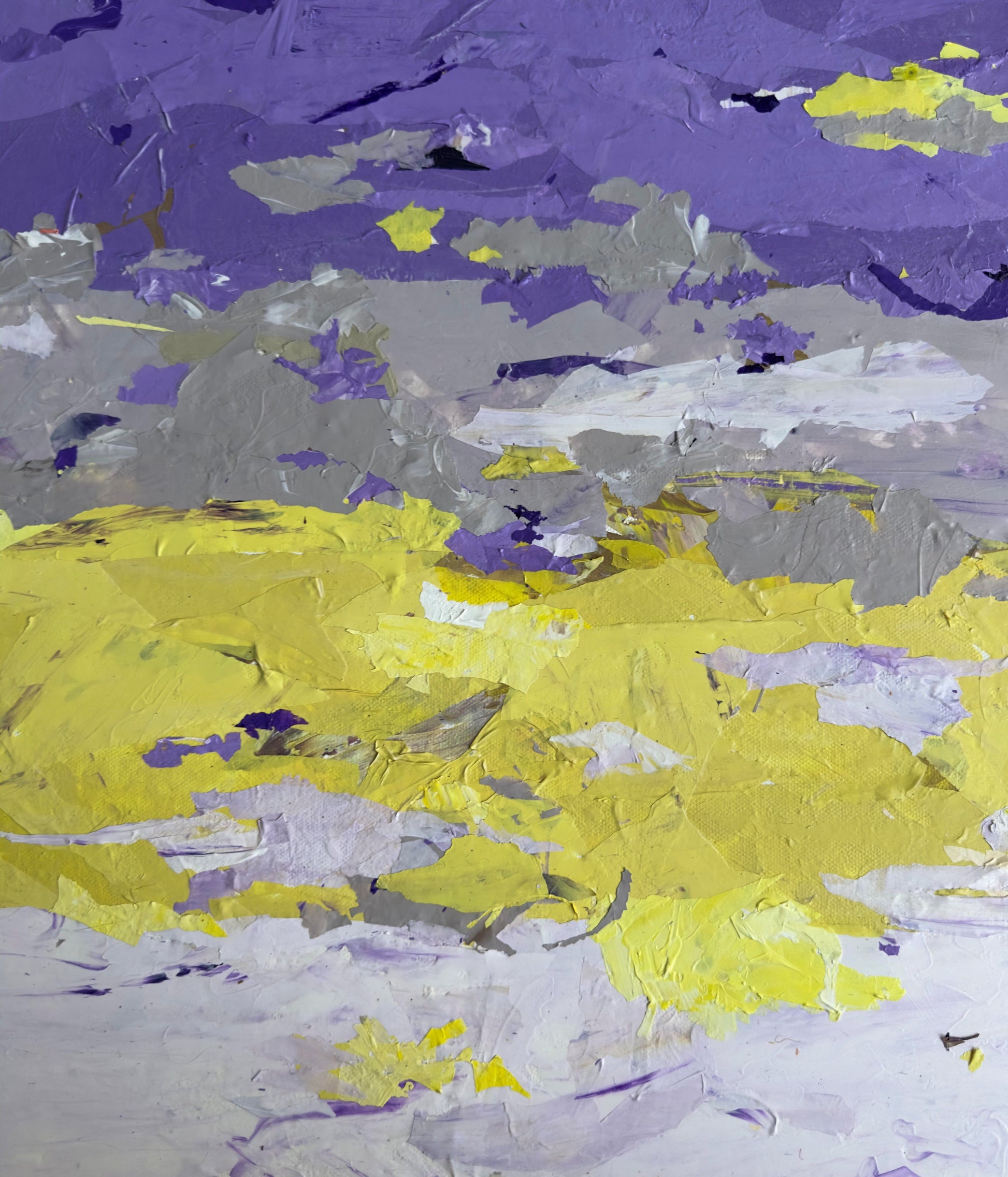 Detail of original mixed media skyscape painting showing texture and brushwork in purples, grays, and yellows by artist B. Disckind. Signed and ready to hang