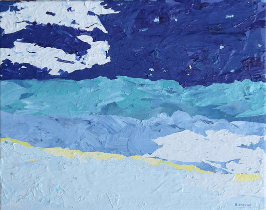 Original mixed media skyscape painting in blues, white, and yellow by artist B. Disckind. One-of-a-kind wall art, 16x20 inches, signed and ready to hang.
