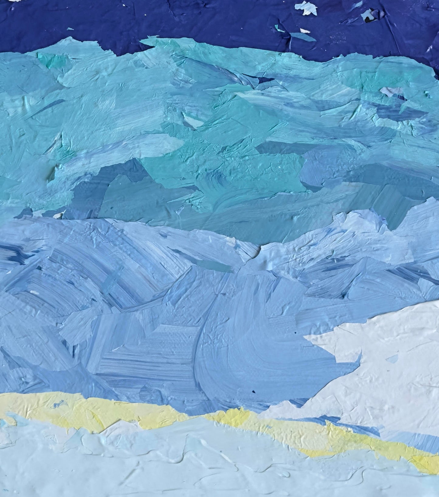 Close-up detail of original mixed media skyscape painting showing texture and vibrant colors in blues, white, and yellow by artist B. Disckind."