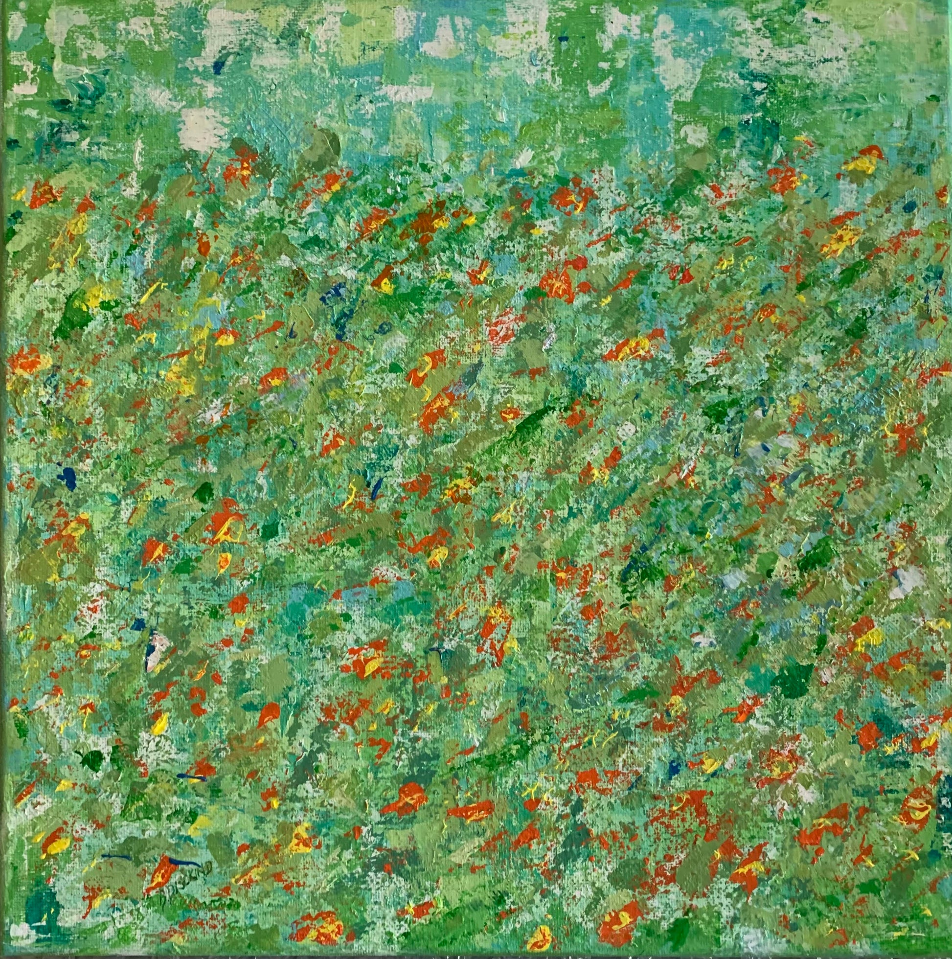 ZINNIAS IN DECEMBER original acrylic painting with bright red-orange zinnia flowers against blue sky, 12x12 inches by B. Disckind