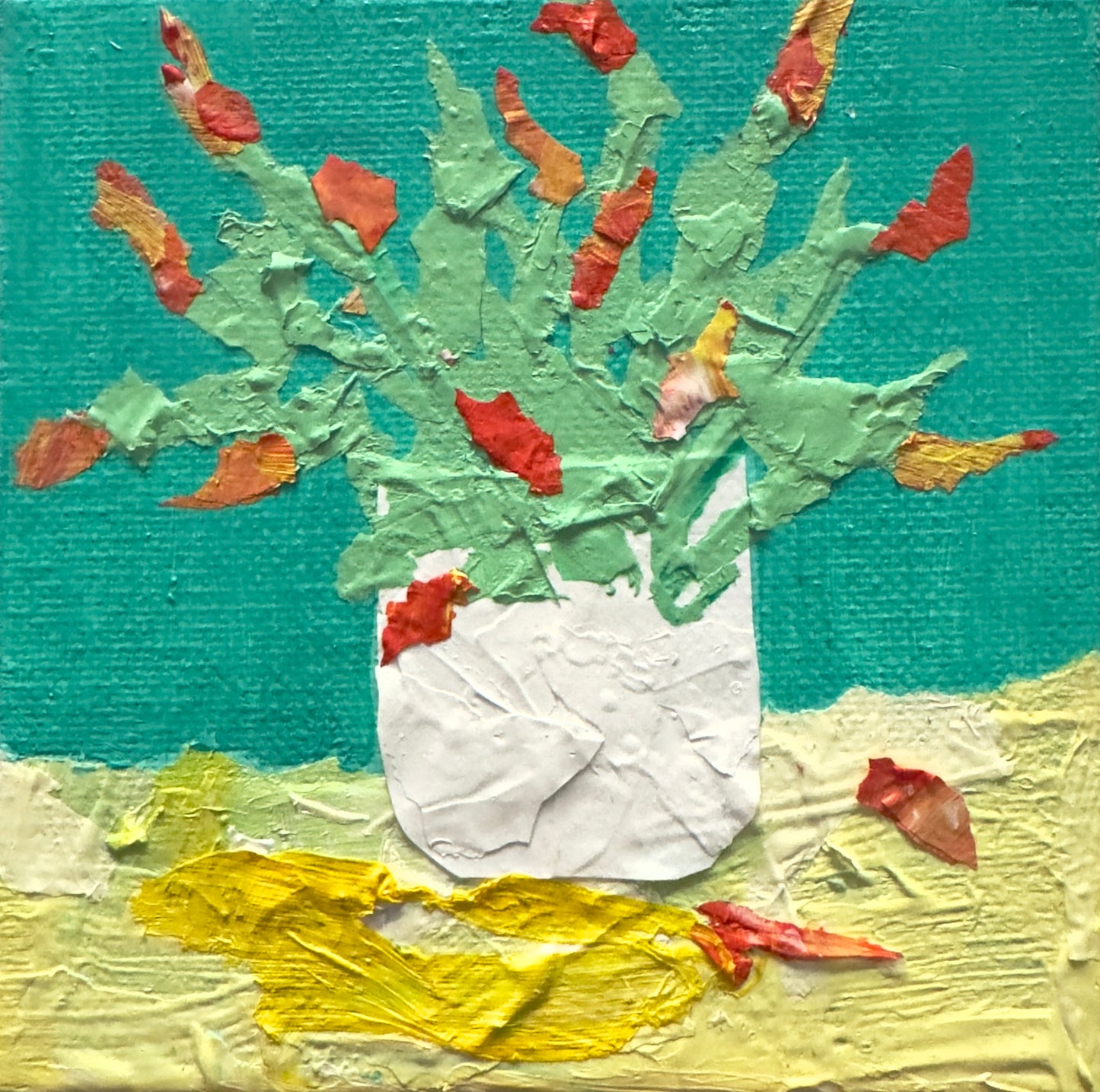 A blooming cactus plant in a white vase original mixed media painting by B. Disckind 