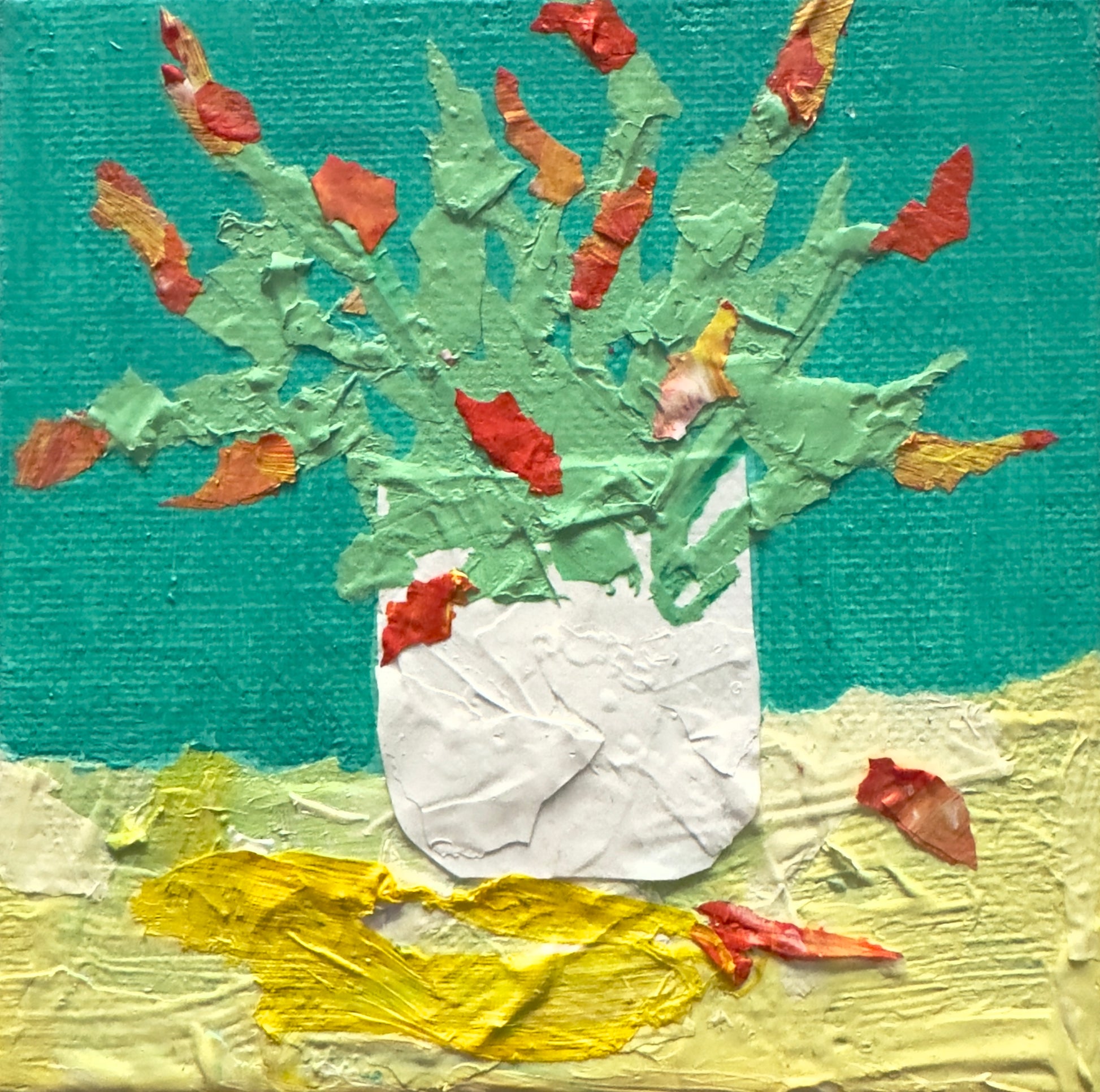 A blooming cactus plant in a white vase original mixed media painting by B. Disckind 