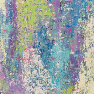RAINFALL - Original atmospheric acrylic painting featuring a serene forest landscape with soft mist weaving through tall trees in green, purple, and blue tones, creating depth and tranquility, 12x12 inches by Barbara Disc