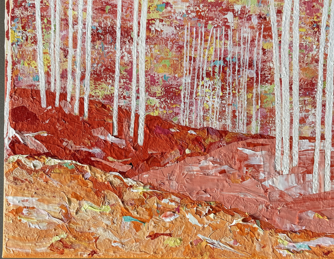 Original mixed media painting titled Sunset Hills featuring white trees on undulating hills in maroon, red, pink, and orange with bright multicolor sky on 11x14 cradled wood panel by Barbara Disckind